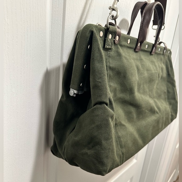 Canvas Weekender Bag LINE OF TRADE Olive Green Canvas Leather Trim - NWOT - Picture 5 of 13